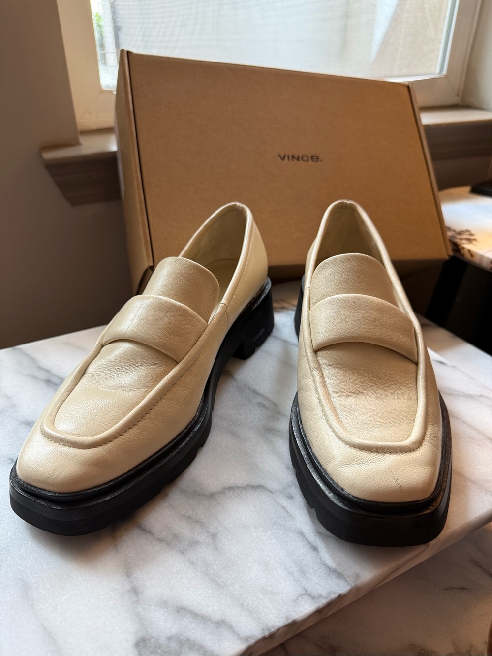Vince Robin Leather Loafers - Cream with Black Lug Sole - Women’s size 8
